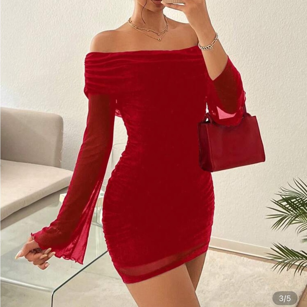SHEIN Off-Shoulder Red Mesh Long Sleeve Dress